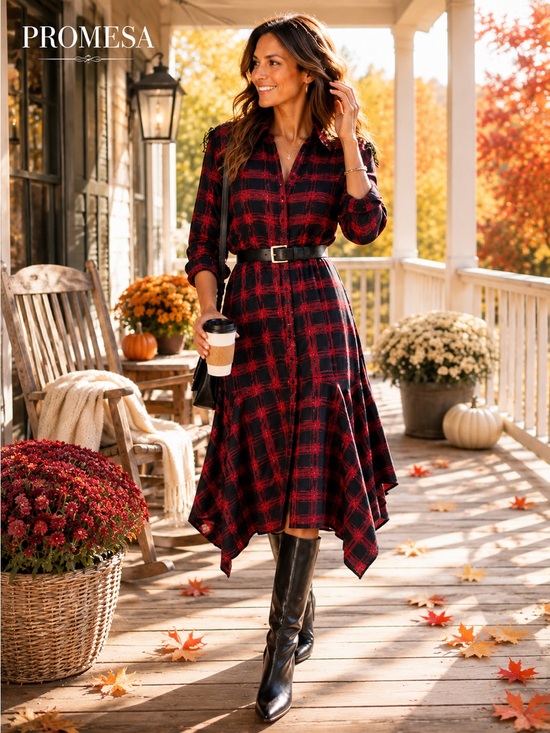 Promesa Dresses & Skirts - Promesa,Promenade,USA,Red Navy Plaid Cotton Button-Front Flare Midi Dress,Size L